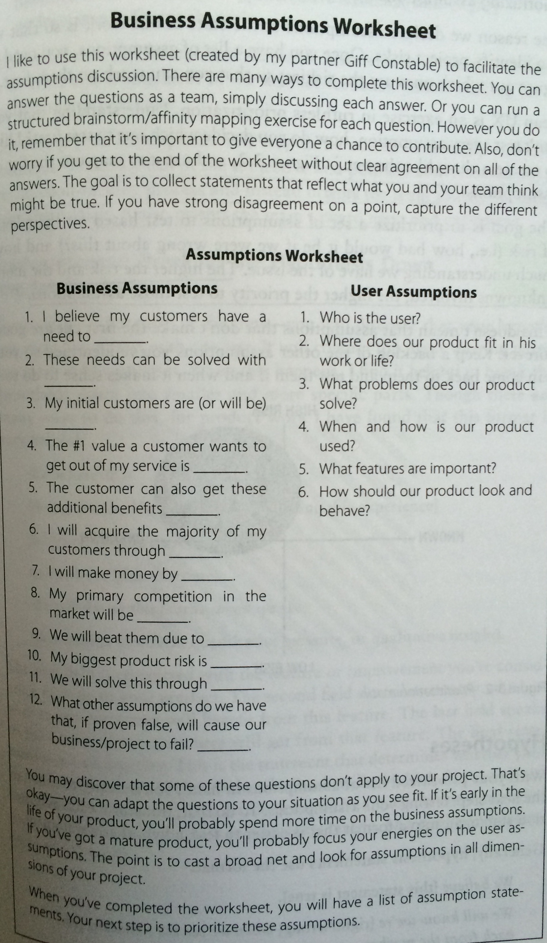 Business Assumptions Worksheet